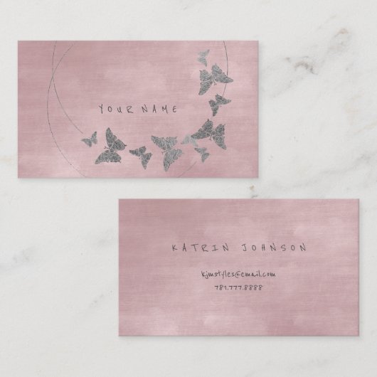 Carte De Visite Boulette Argent Poudre Blush Ballet Rose Papillon (Devant / Derrière)