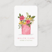 Carte De Visite Bouquet d'aquarelle Monogramme Rose en pots (Devant)