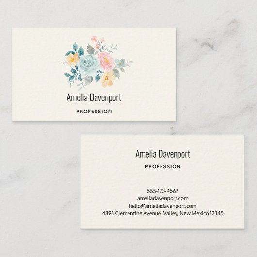 Carte De Visite Bouquet de fleurs rose et bleu élégant (Devant / Derrière)