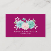 Carte De Visite Bouquet de fleurs rose et vert Pastel sur Magenta (Devant)