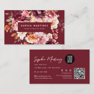 Carte De Visite Bouquet floral aquarelle bordeaux & logo QR Code