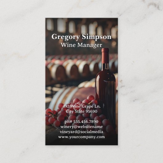 Carte De Visite Bouteille de vin rouge et raisins | Barils à vin (Devant)
