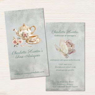 Carte De Visite Boutique d'antiquités théière en ivoire & roses an