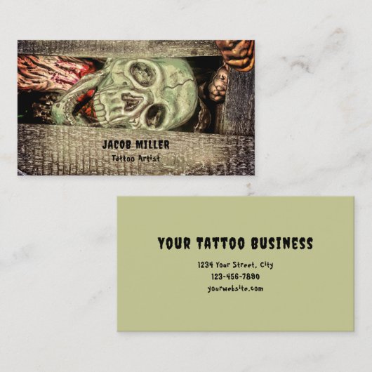 Carte De Visite Boutique de tatouage de tête de crâne vert gothiqu (Devant / Derrière)