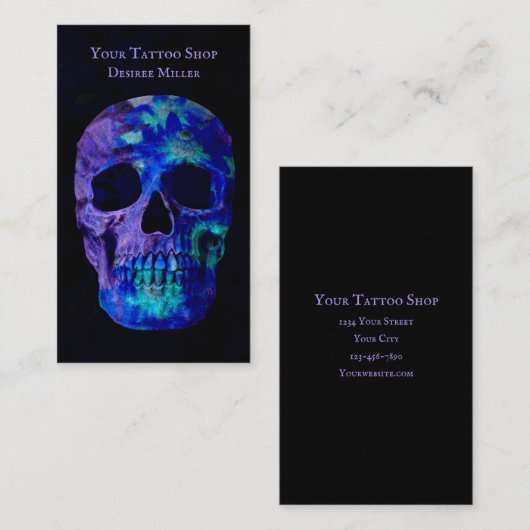 Carte De Visite Boutique de tatouage Turquoise pourpre couleur crâ (Devant / Derrière)