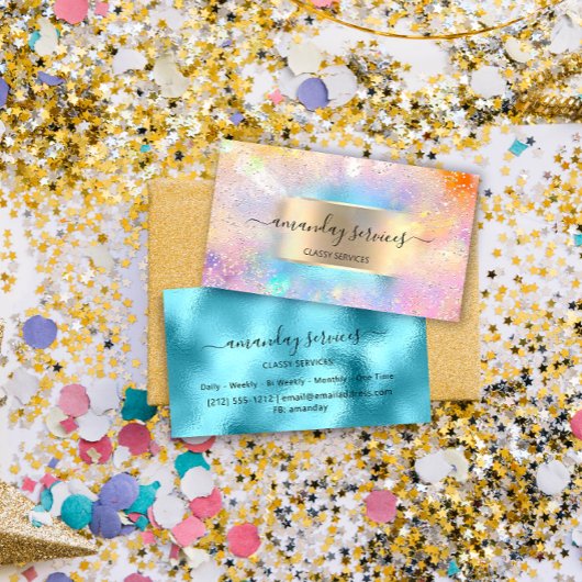 Carte De Visite Boutique Holographic Ocean Gold Confetti