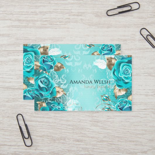 Carte De Visite Boutique luxueuse luxueuse fleurs d'or turquoise (Devant/Arrière en situation)