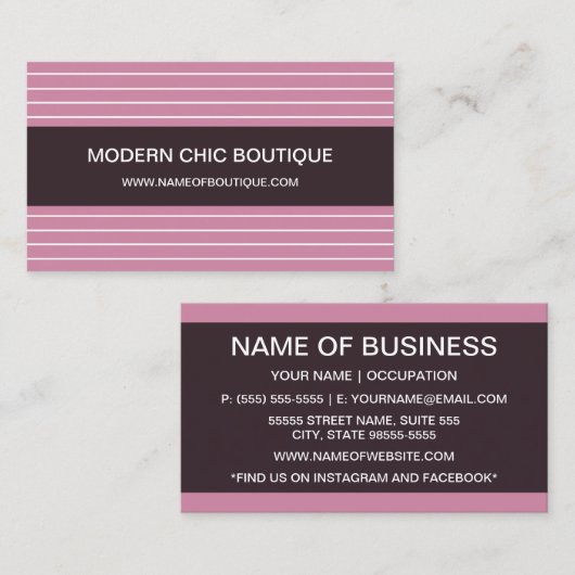 Carte De Visite Boutique Moderne Chic à Rayure Rose (Devant / Derrière)