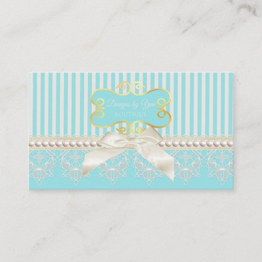 Carte De Visite Boutique Perles et dentelle Aqua Stripes Crème Bow (Devant)