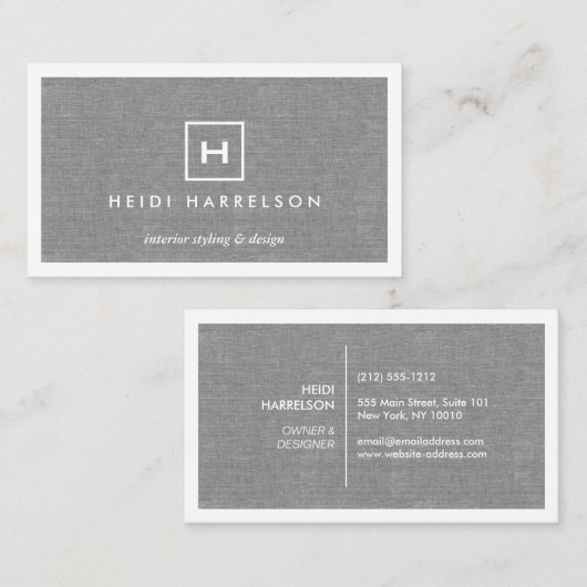 Carte De Visite BOX LOGO avec VOTRE INITIAL/MONOGRAM sur LINEN GRA (Devant / Derrière)