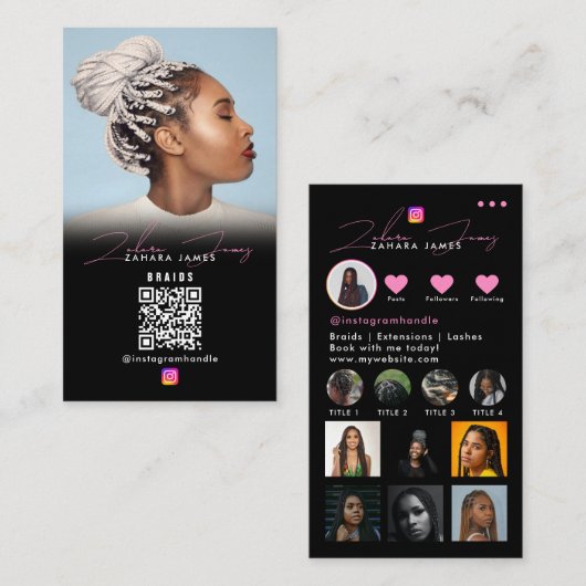 Carte De Visite Braid Hair Social Photo Grid Social Media QR Code (Devant / Derrière)