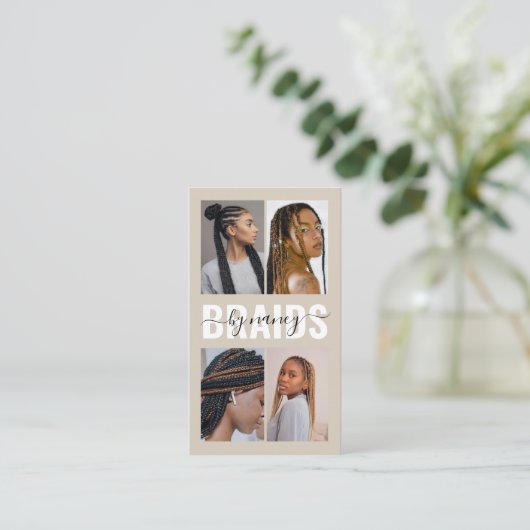 Carte De Visite Braids Calligraphy Script Photo Collage Beige  (Debout devant)