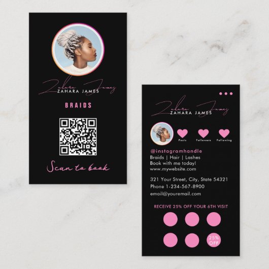 Carte De Visite Braids Hair Discount Loyalty QR Code Black Pink (Devant / Derrière)