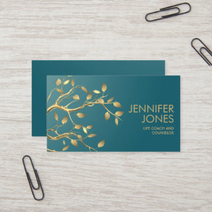 Carte De Visite Branche Arbre d'or sur Turquoise