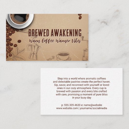 Carte De Visite Brewed Coffee Cup Retro Illustrations (Devant / Derrière)