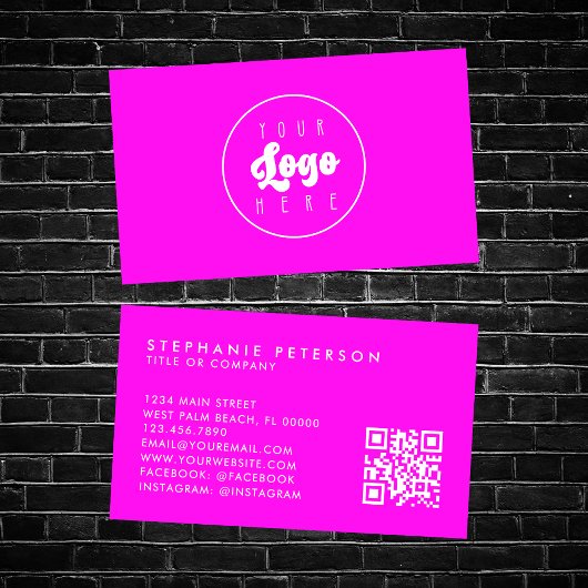 Carte De Visite Bright Neon Rose Custom Company Logo QR Code