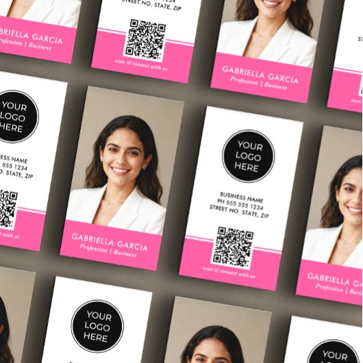 Carte De Visite Bright Pink Logo QR Code Photo Professional