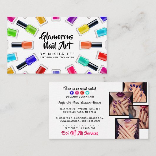 Carte De Visite Bright Rainbow Nail Polish Art Tech Salon 4 (Devant / Derrière)