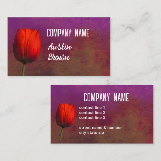 Carte De Visite  bright red tulip flower art on purple and rust (Devant / Derrière)