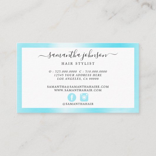 Carte De Visite Brossé métal Aqua Bleu Élégant Script (Dos)