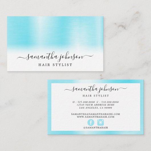 Carte De Visite Brossé métal Aqua Bleu Élégant Script (Devant / Derrière)