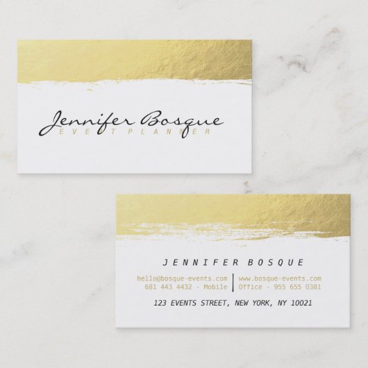 Carte De Visite Brosse moderne blanc et doré chic (Devant / Derrière)