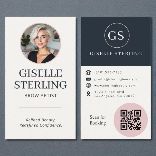 Carte De Visite Brow Artist Blush & Navy Photo QR Code 