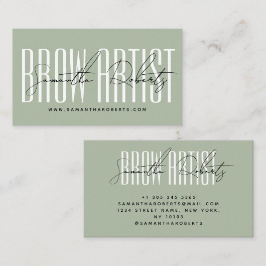 Carte De Visite Brow artist modern typography script sage green (Devant / Derrière)