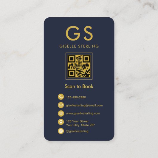 Carte De Visite Brow Artiste Monogram Marine Blue Gold QR Code (Dos)