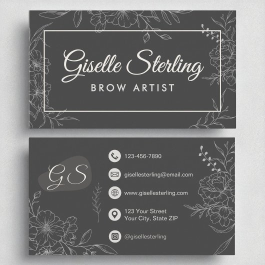 Carte De Visite Brow Artiste Moody Charcoal Grey Floral Moderne