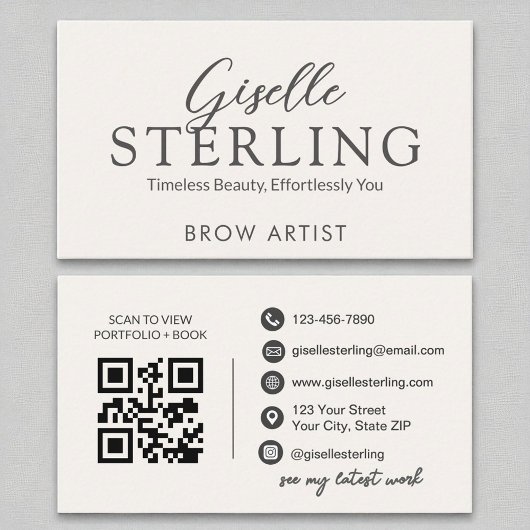 Carte De Visite Brow Artiste White Script Moderne QR Code