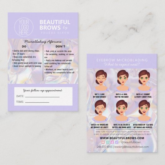 Carte De Visite Brow Microblading Aftercare Crystal Holographic Bu (Devant / Derrière)