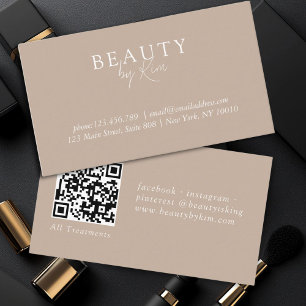 Carte De Visite Brown & blanc, Élégant minimal, Code QR Salon