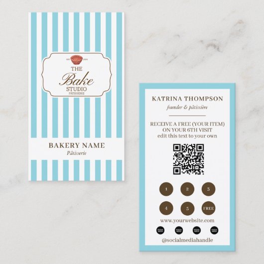 Carte De Visite Brown Blue Stripes Bakery Logo Loyalty Punch (Devant / Derrière)