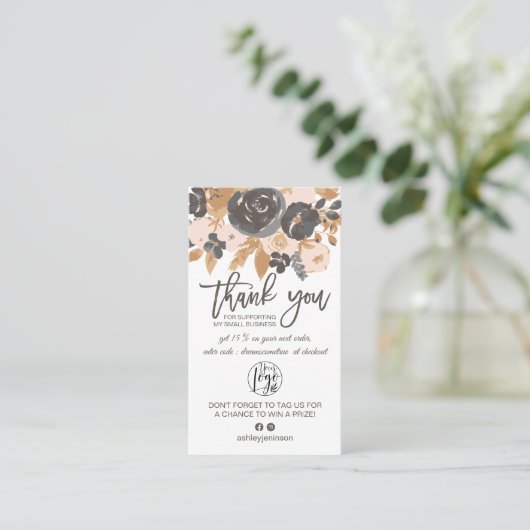 Carte De Visite Brown gris boho floral script logo commander merci (Debout devant)