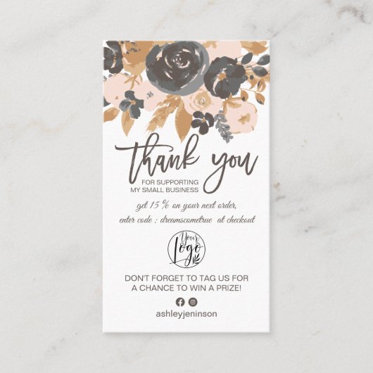 Carte De Visite Brown gris boho floral script logo commander merci (Devant)