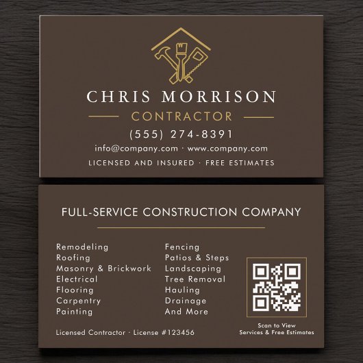 Carte De Visite Brown Home Repairs Contractor QR Code