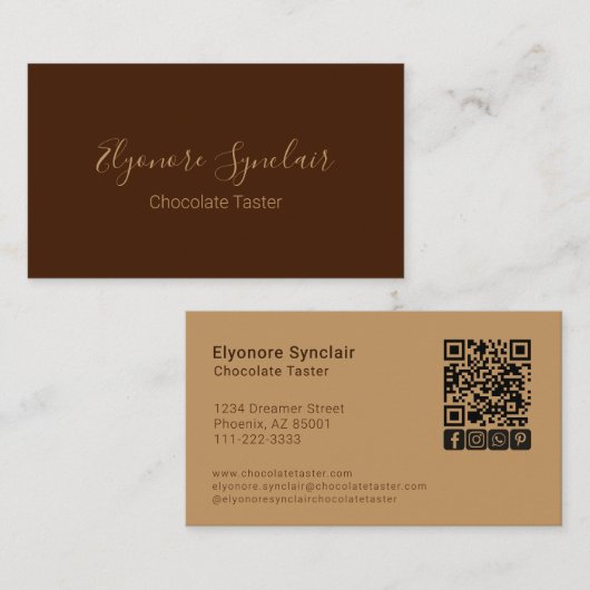 Carte De Visite Brown Script Social Icon QR Code Chocolate Taster (Devant / Derrière)