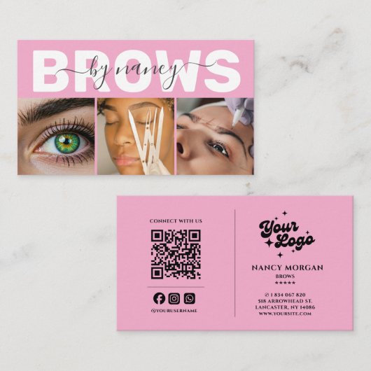 Carte De Visite Brows Photo Qr Code Logo Blush Pink (Devant / Derrière)