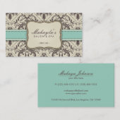 Carte De Visite Brun moderne, vert et beige de damassé élégante (Devant / Derrière)