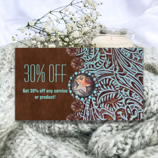 Carte De Visite brun turquoise western pays à outils cuir