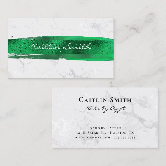 Carte De Visite Brush Emerald Stroke Silver White Foil Marble (Devant / Derrière)