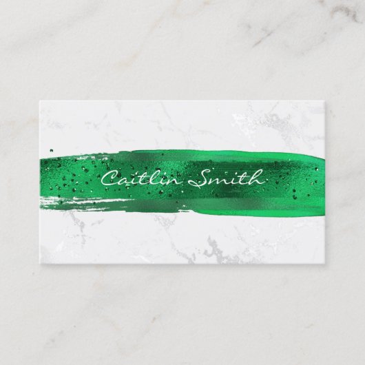 Carte De Visite Brush Emerald Stroke Silver White Foil Marble (Devant)