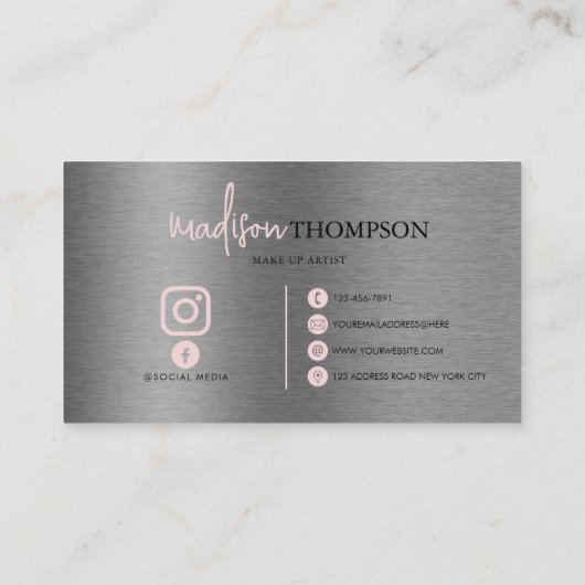 Carte De Visite Brush métallique Argent Script rose QR Code (Dos)