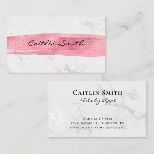 Carte De Visite Brush rose Grille Argent Marbre blanc à huile (Devant / Derrière)