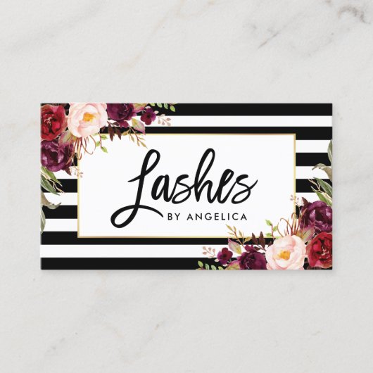 Carte De Visite Brush Script Bourgogne Floral Lashes (Devant)
