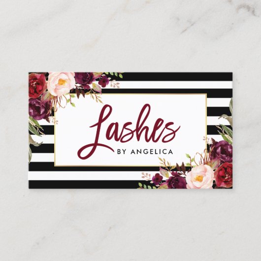 Carte De Visite Brush Script Floral Bourgogne Lashes (Devant)