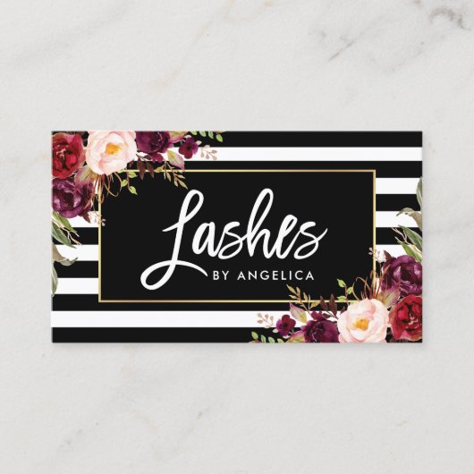 Carte De Visite Brush Script Lashes Brisé Bourgogne Floral (Devant)