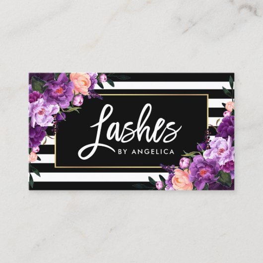 Carte De Visite Brush Script Lashes Strié Purple Floral (Devant)