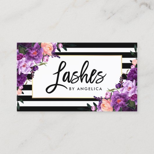 Carte De Visite Brush Script Purple Floral Lashes (Devant)